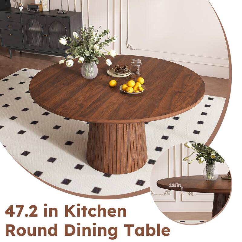 47 Inch Round MDF Dining Table for 4 - Modern Farmhouse Kitchen Table with Wood Strip Base