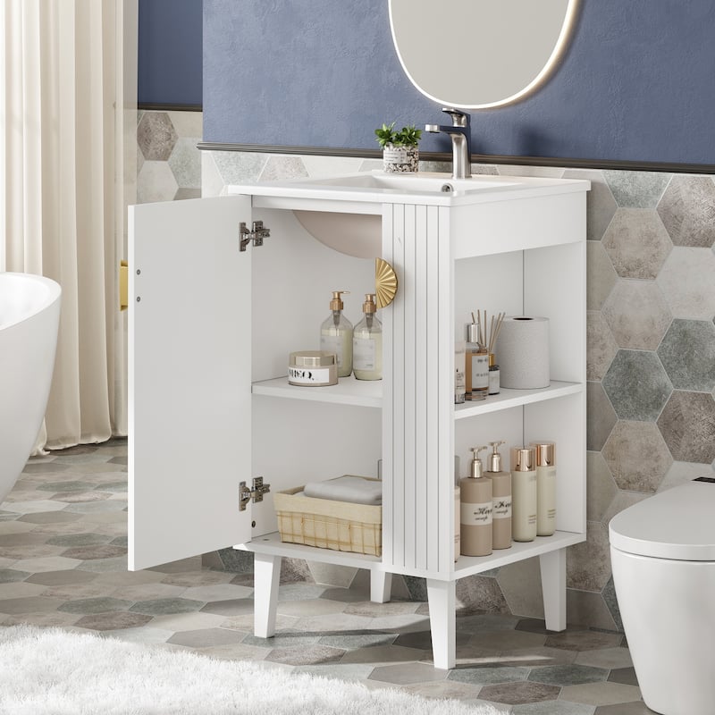20" Freestanding Bathroom Vanity with Ceramic Sink, Soft Close Door & Half-Moon Pulls, French Style