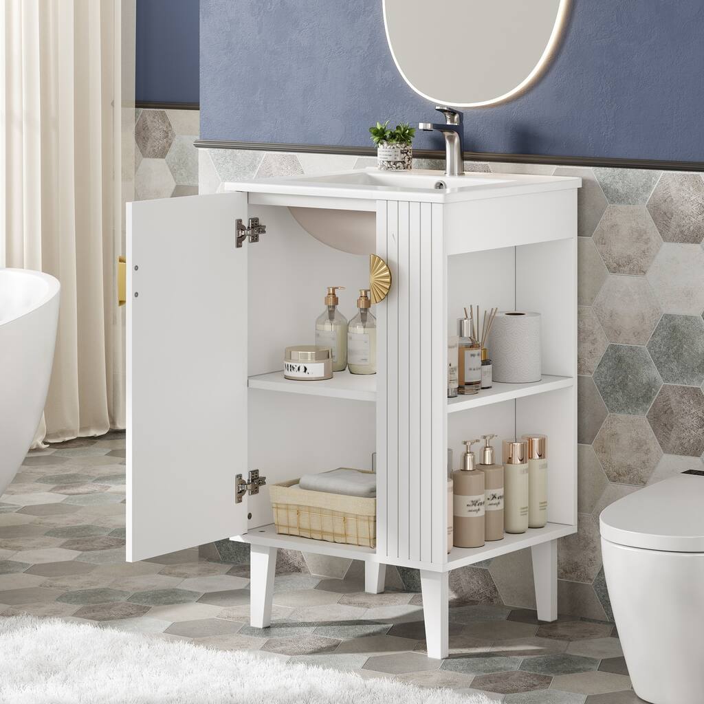 20" Freestanding Bathroom Vanity with Ceramic Sink, Soft Close Door & Half-Moon Pulls, French Style