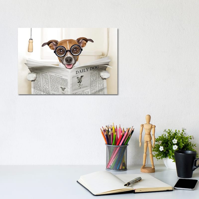 iCanvas "Dog On Toilet Seat Reading Newspaper IV" by damedeeso Canvas Print - 8x12x0.75
