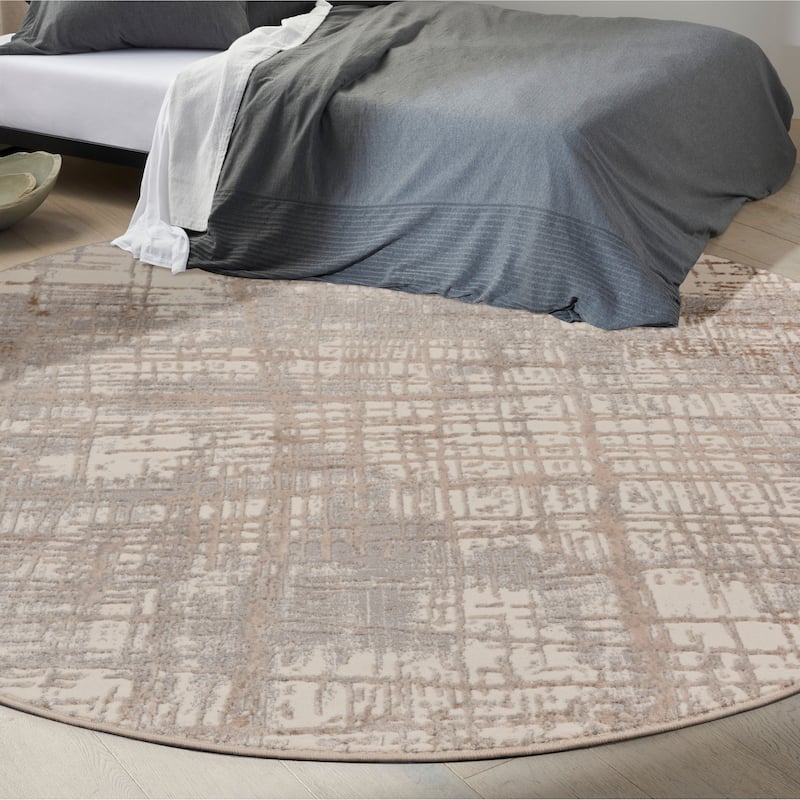 Calvin Klein Rush Contemporary Abstract Area Rug - 8'  Round - Ivory/Taupe - Round