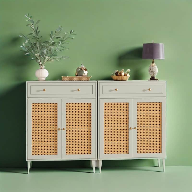 Modern Shoe Cabinet with Adjustable Shelves and Drawer Rattan Panels for Entryway Storage - 31.49”L x 15.74”W x 43.3”H