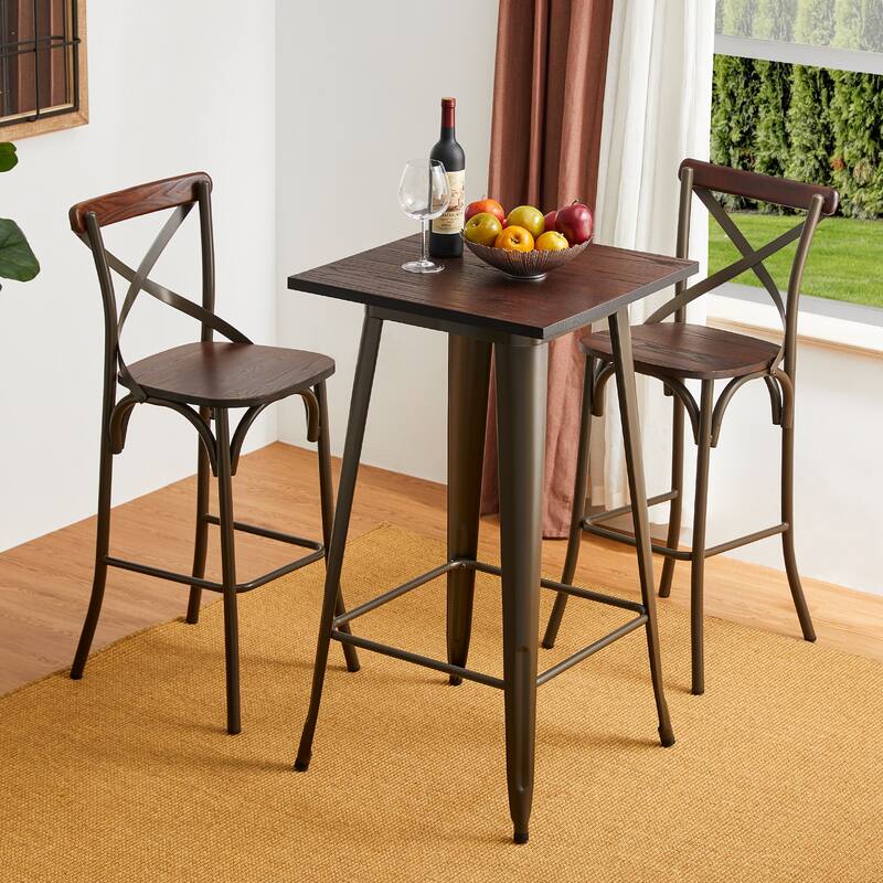 Glitzhome Farmhouse Industrial Rustic Steel Pub/Bar Table Wood Top