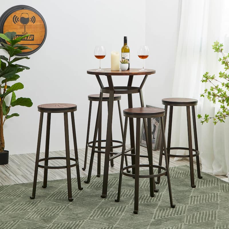 Glitzhome Farmhouse Elm Wood Top Steel Bar Stools Table Pub Set