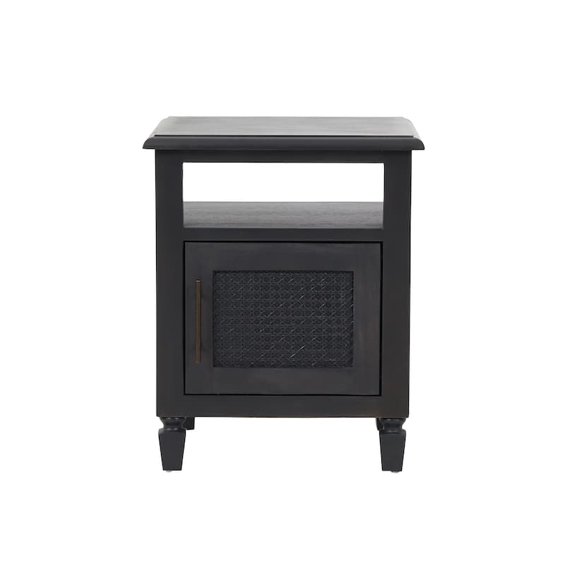 Roomfitters Modern Wood Nightstand with Open Shelf and Cabinet, Accent Side Table with Textured Door and Brass Handle, Dark Grey