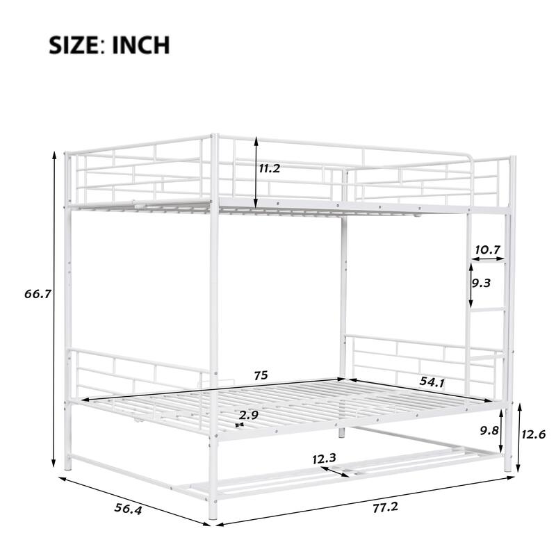 White Metal Bunk Bed with Bottom Shelf, Guardrails, Convertible
