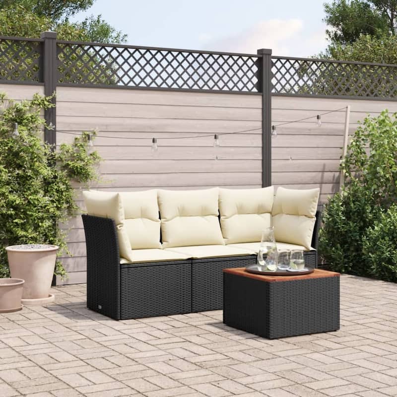 vidaXL Patio Sofa Set with Cushions Outdoor Furniture 4 Piece Poly Rattan - Black and cream - 21.7 x 21.7 x 14.6