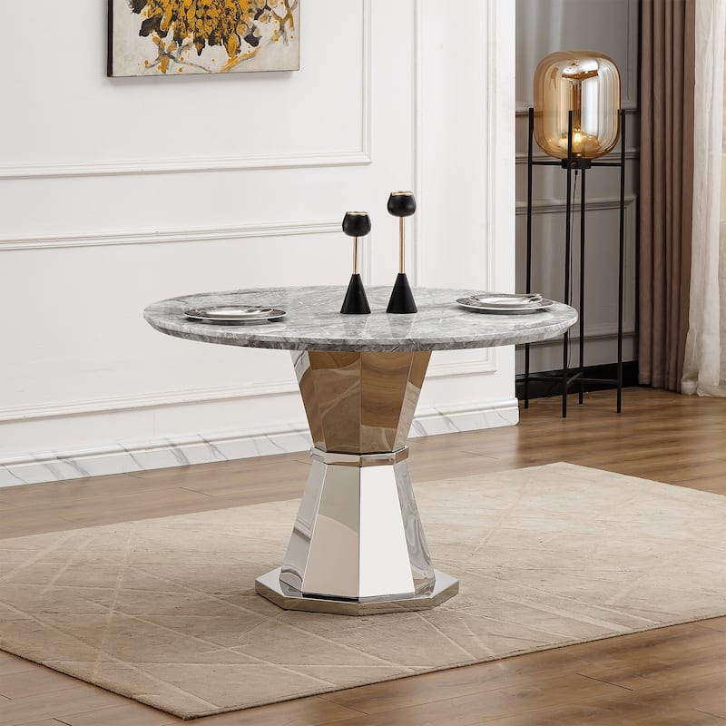 GDFStudio - Jane Series 47" Round Marble Dining Table and Stainless Steel Base for Dining Room, Kitchen