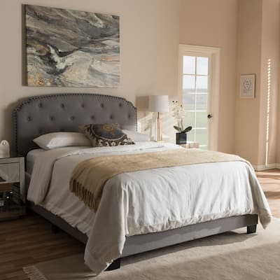 Queen Size Upholstered Bed - Light Grey Fabric Bed with Tufting & Wood Frame