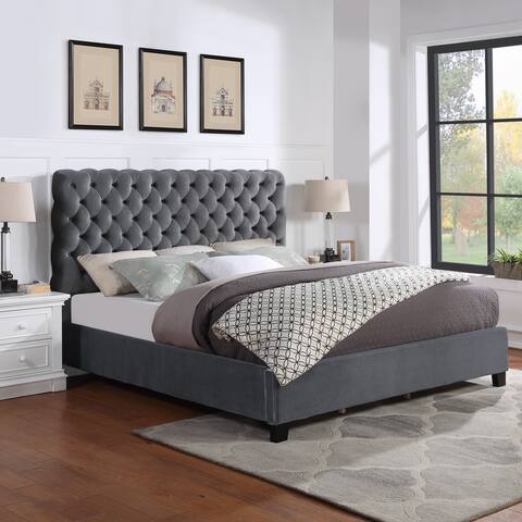 Roundhill Furniture Apoera Velvet Upholstered Button Tufted Bed, King, Gray