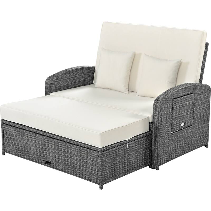 Outdoor Double Reclining Chaise Lounge with Cushions and Waterproof Cover, Adjustable Backrest and Hidden Footrest Storage