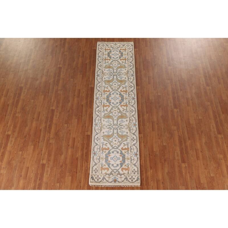 Beige Floral Oushak Runner Rug Hand-knotted Wool Carpet - 2'6"x 9'10"