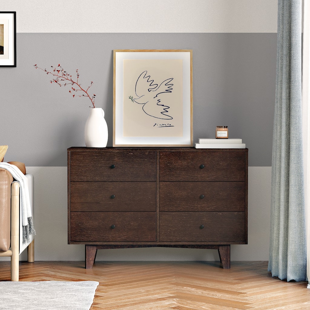 Kitchen Pantry Cabinets With 6 Drawers, Retro Round Handle Wood Wardrobe Closet, Low Storage Cabinet