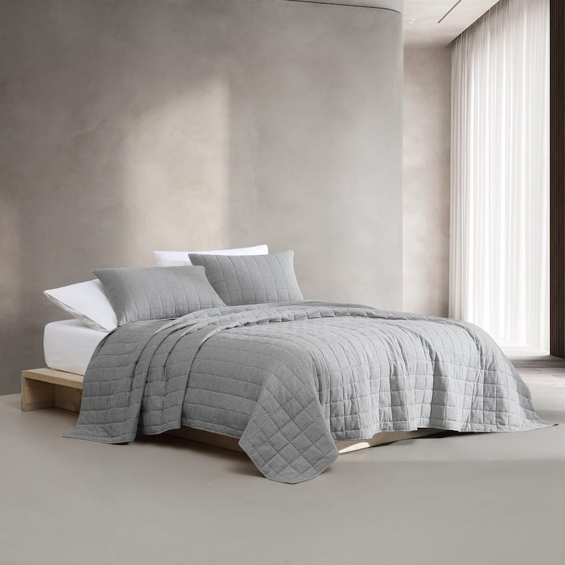 Calvin Klein Melange Cotton Flannel Solid Reversible Quilt - Silver Grey - Queen