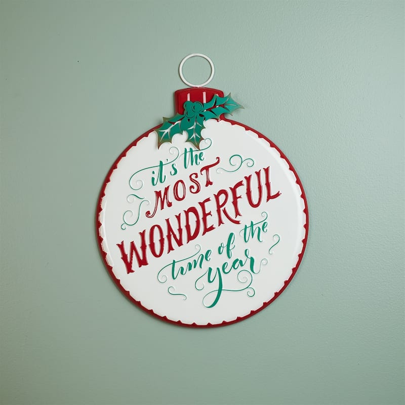 Festive Metal Holiday Ornament Sign with “Most Wonderful Time of the Year” Christmas Season Quote - 14”L x 1”W x 18”H