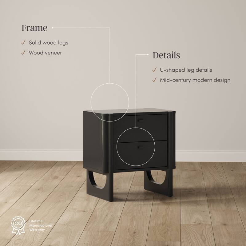 Solace Mid Century Modern 2-Drawer Nightstand with Solid Wood Frame and Rounded Details