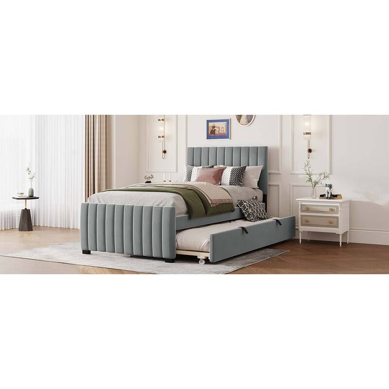 Twin Size Velvet Platform Bed with Twin Size Trundle