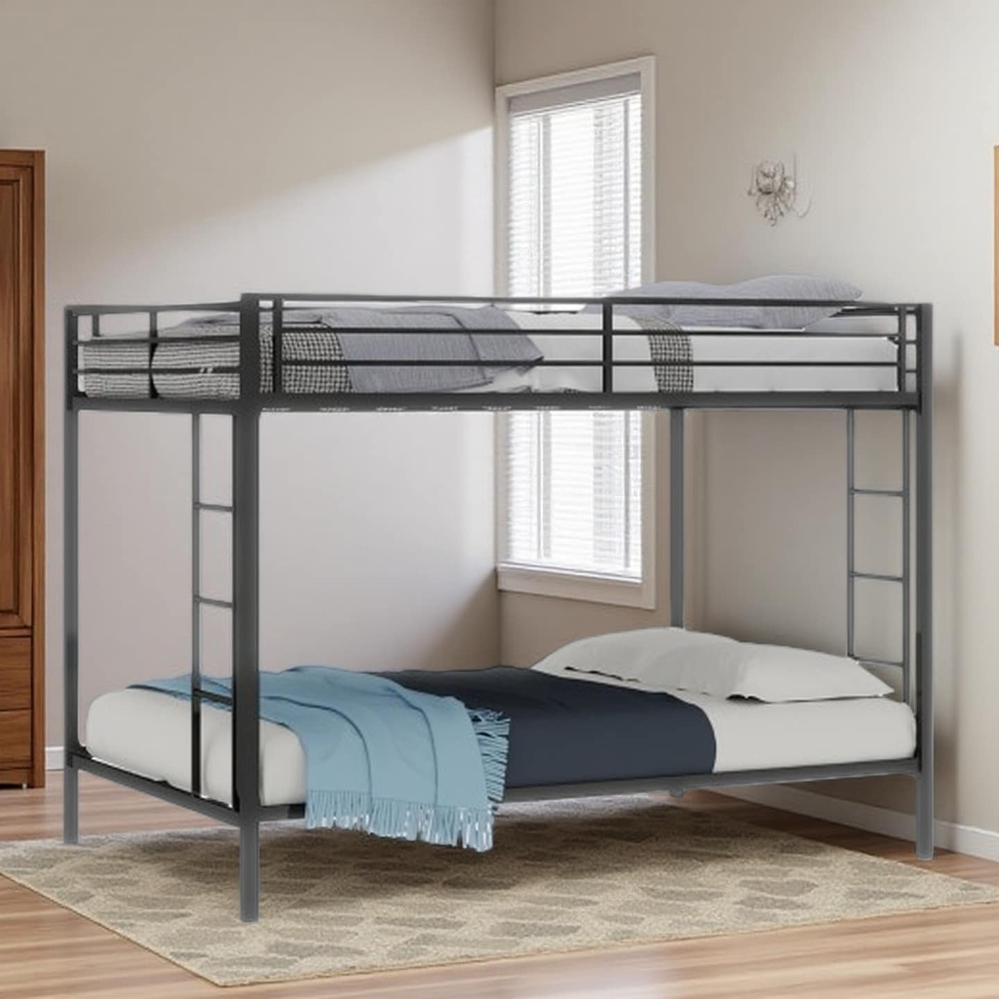 Queen Size Metal Bunk Bed with Sturdy Square Tube Frame, Dual Sleeping Areas with Ladders, Space-Saving Design