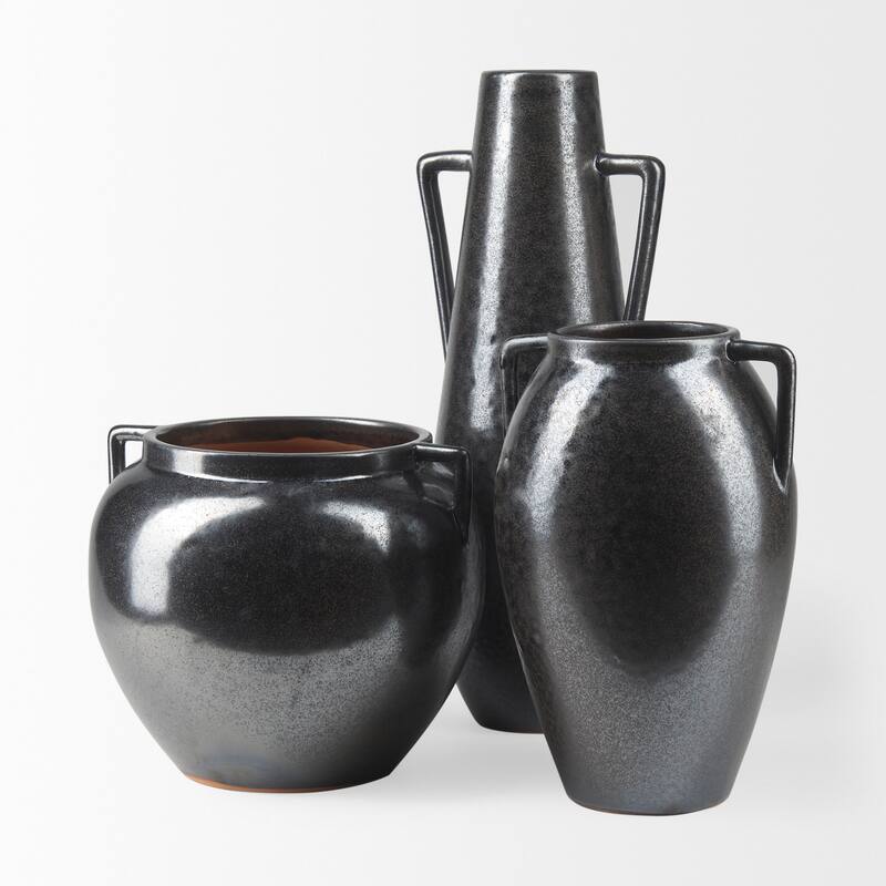 Kora Dark Gray And Brown Metallic Double Ear Vase (11") - 7.5L x 7.5W x 11.2H