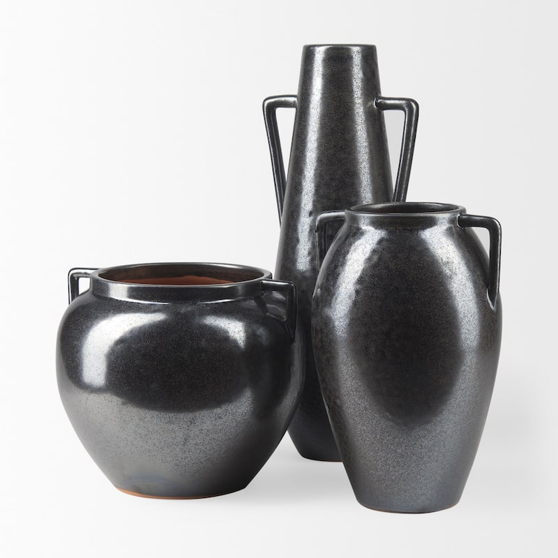 Kora Dark Gray And Brown Metallic Double Ear Vase (9") - 9.4L x 9.4W x 8.5H
