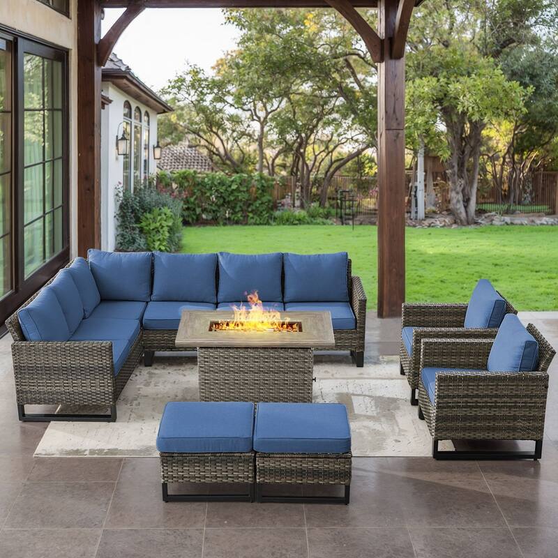 Gymojoy L-Shaped Outdoor Corner Sectional Sofa 6-seats Couch Conversation Set - 6 PCS - Ottomans & Club Chairs & Fire Pit - Grey Wicker / Blue Cusion