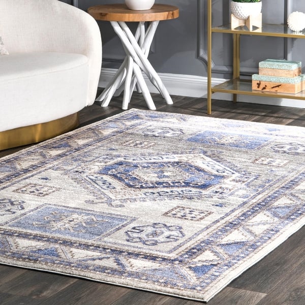 slide 2 of 7, Nuloom Transitional Vintage Ella Ornamental Pyramid Tribal Area Rug 5' x 7'5" - Blue - Rectangle