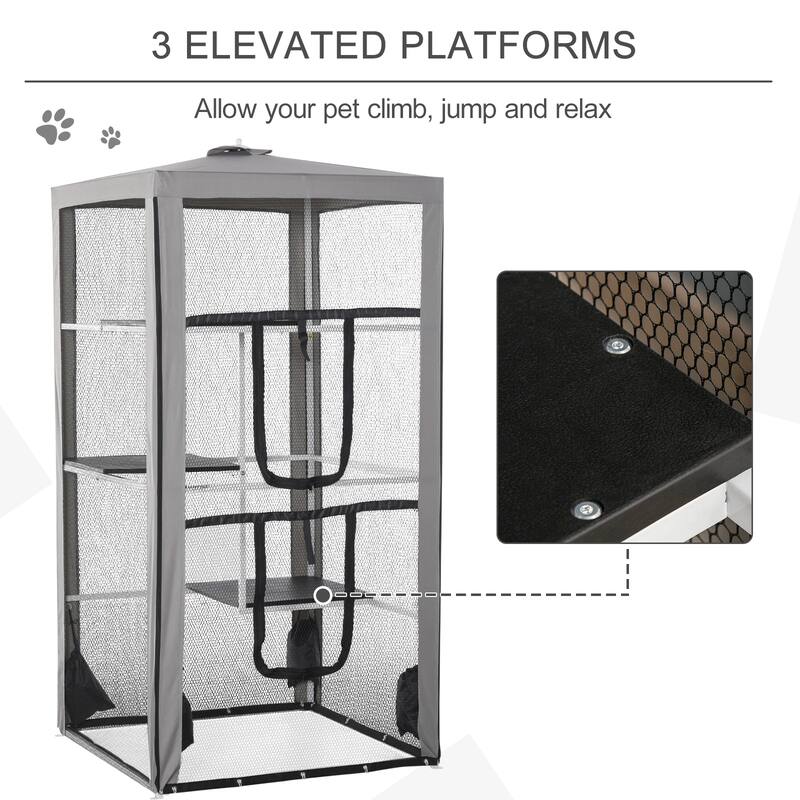 Grey-White-Black Metal Cat House with 3 Platforms and Outdoor Stability