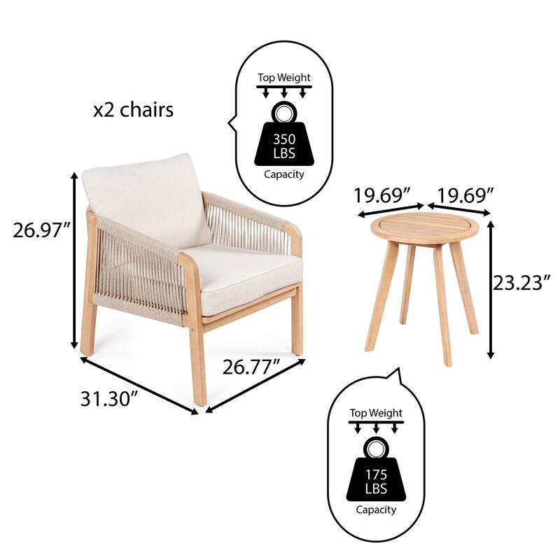 Porto 3-Piece Modern Bohemian Roped Acacia Wood Conversation Outdoor Patio Set with Cushions, by JONATHAN Y