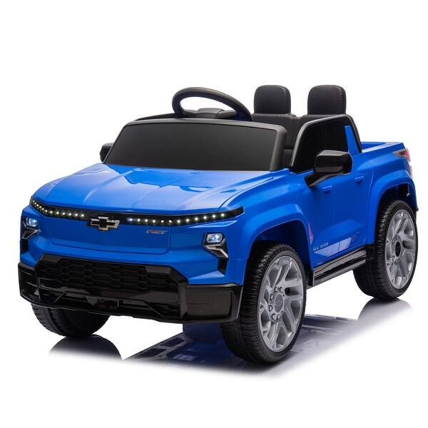 slide 2 of 79, Licensed 24V Chevrolet Silverado EV Kids Ride-On Car with Four-Wheel Suspension, Remote Control, Bluetooth, and LED Lights Blue