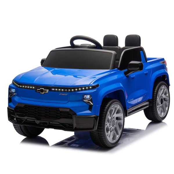 slide 2 of 79, Licensed 24V Kids Chevrolet Silverado EV Ride-On Car with Four-Wheel Suspension, Bluetooth, Music, Remote Control, and LED Light Blue