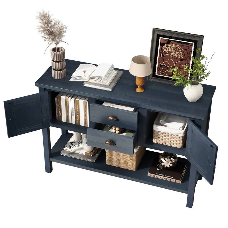 48" Retro Solid Wood Sideboard Console Table with 2 Drawers and Cabinets and Bottom Shelf