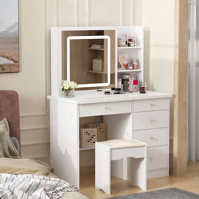 Timechee Vanity Set with Sliding Lighted Mirror w/ Storage Drawer Shelf - 39.4"L x 19.7"W x 53.5"H