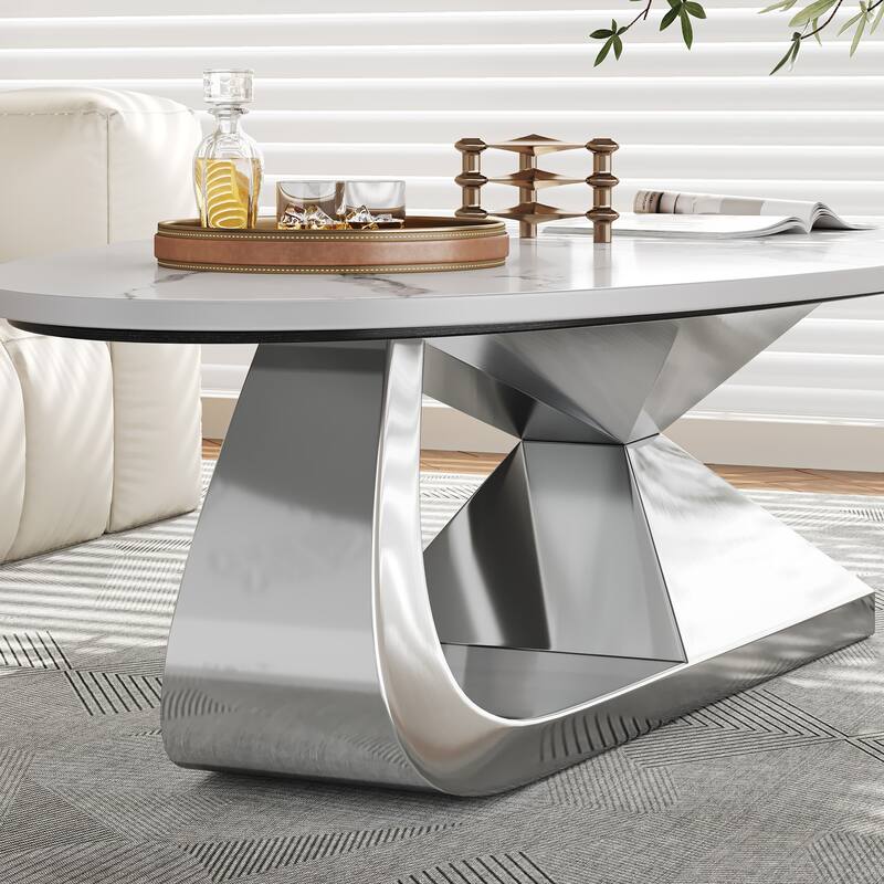 51 Inch Modern Sintered Stone Coffee Table with Stainless Steel Base