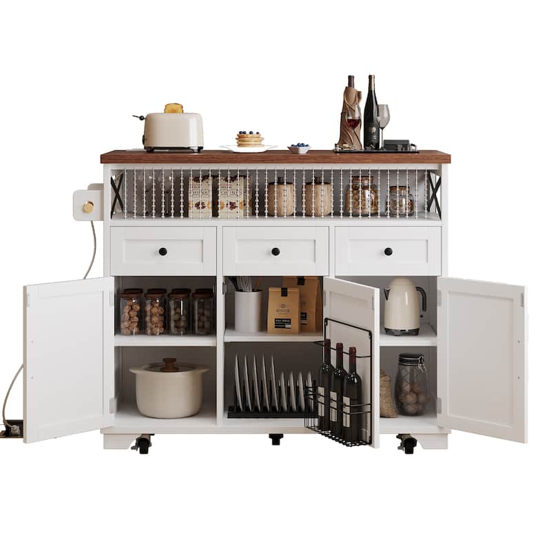 46.5" Farmhouse Kitchen Island Cart with Drape of Beads, Power Outlet, Rolling Kitchen Cart on Wheels with Drop Leaf