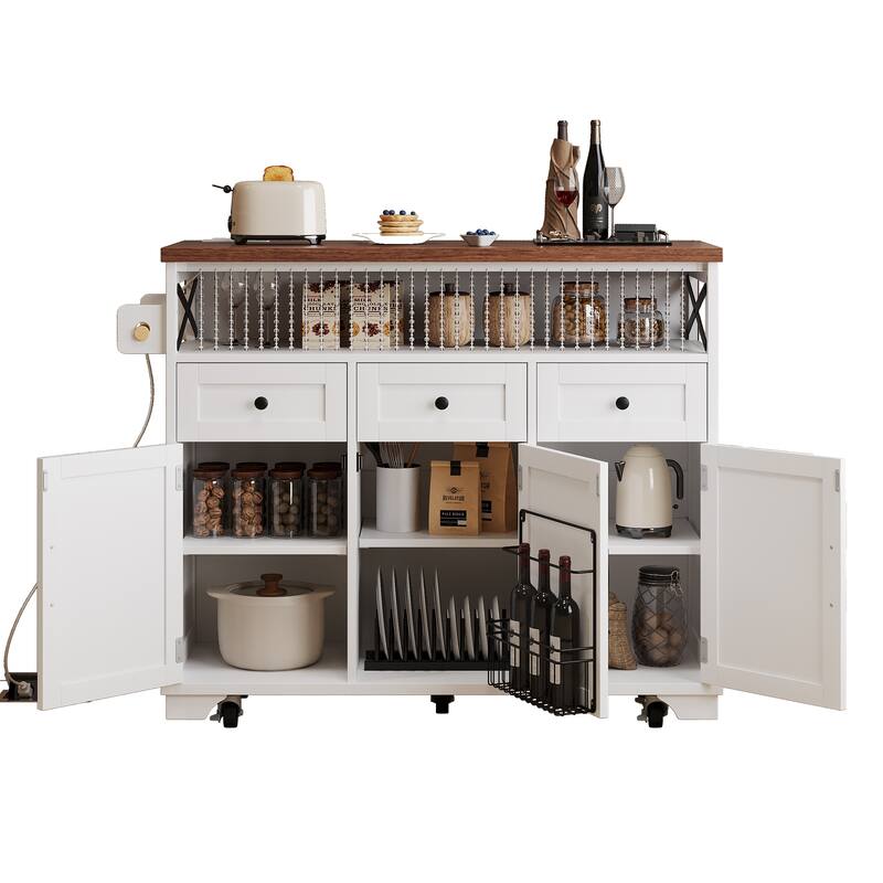 Kitchen Island with Drape of Beads, Rolling Kitchen Cart on Wheels with Drop Leaf