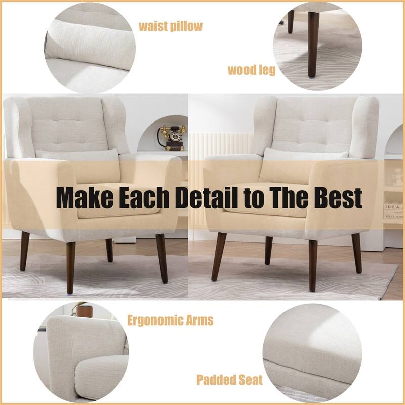 Modern Chenille Upholstered Armchair with Pillow and Solid Wood Leg