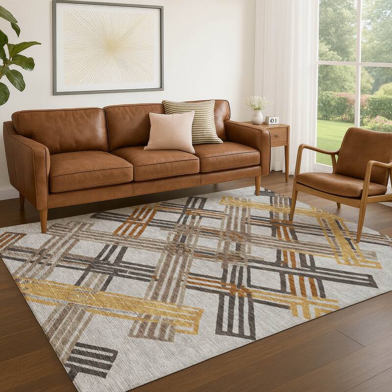 Machine Washable Indoor/ Outdoor Modern Trellis Chantille Rug