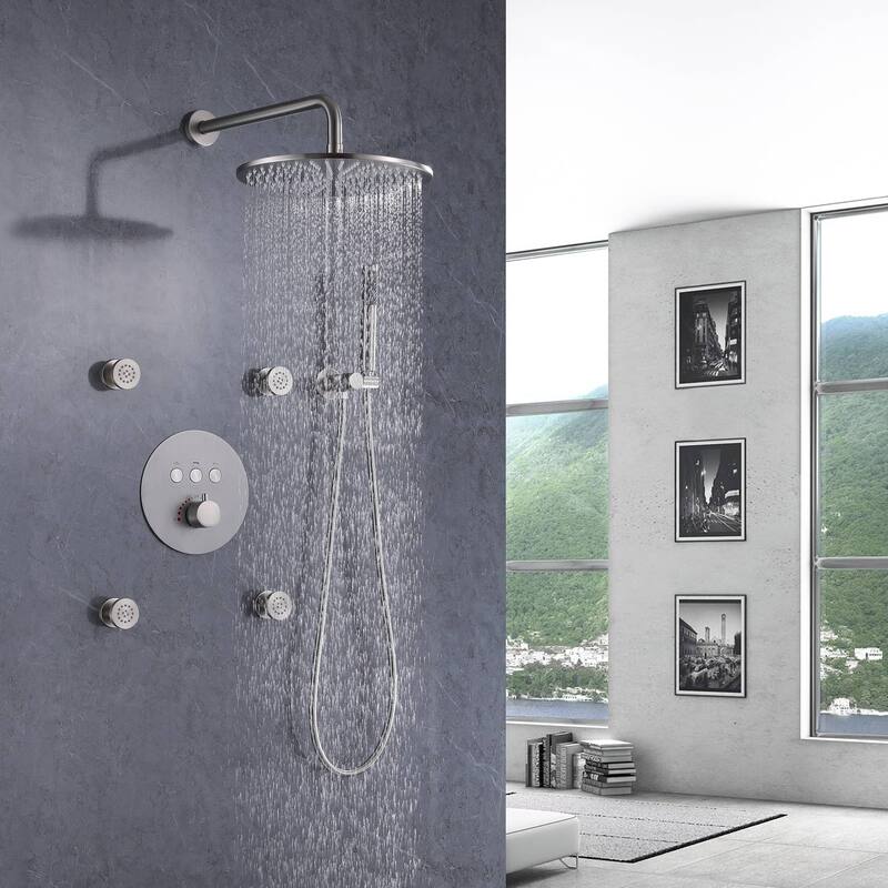Thermostatic Shower System With Rough-in Valve Wall Mount Shower Faucet With Body Jet And Hand Shower 12 Inch Shower Head Set - Brushed Nickel