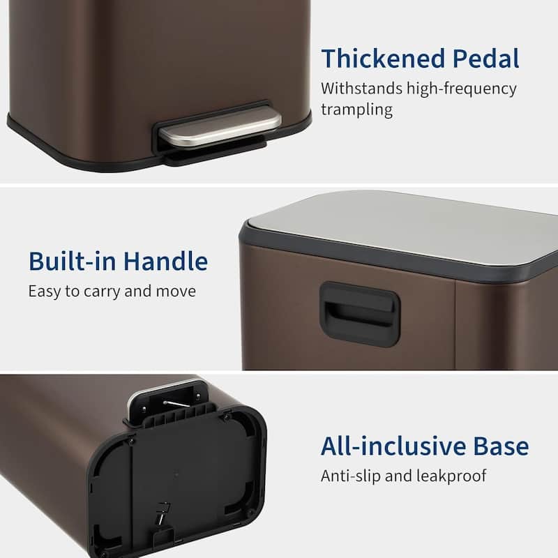 3.2 Gallon Stainless Steel Step Trash Can with Soft Close Lid and Removable Bucket Brown