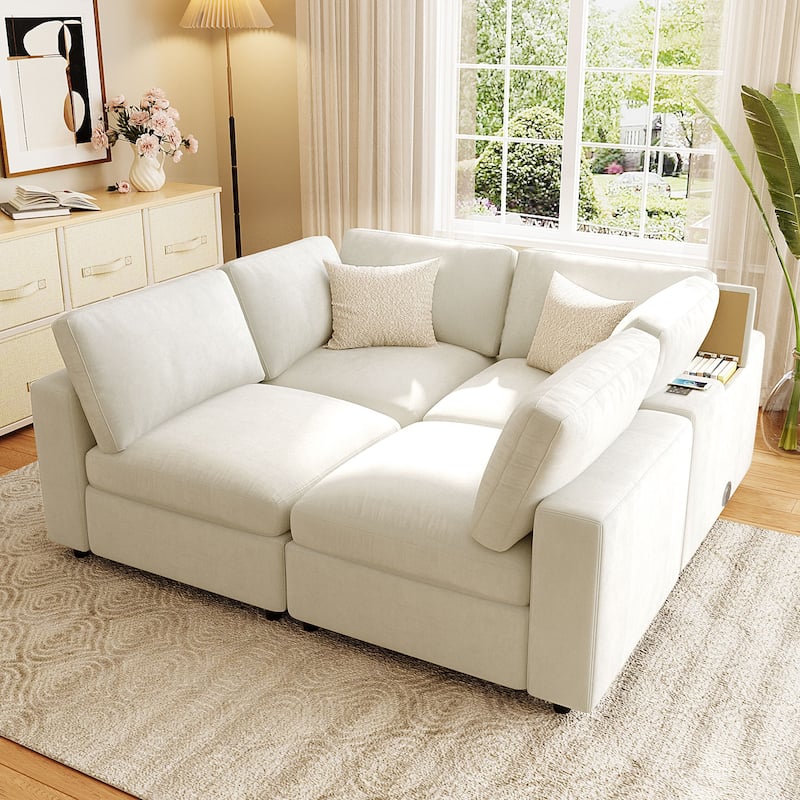 Modular Upholstered Sectional Sofa with Storage Space, USB Charge Ports, Wireless Charging and Built-in Bluetooth Speaker in Arm - Beige