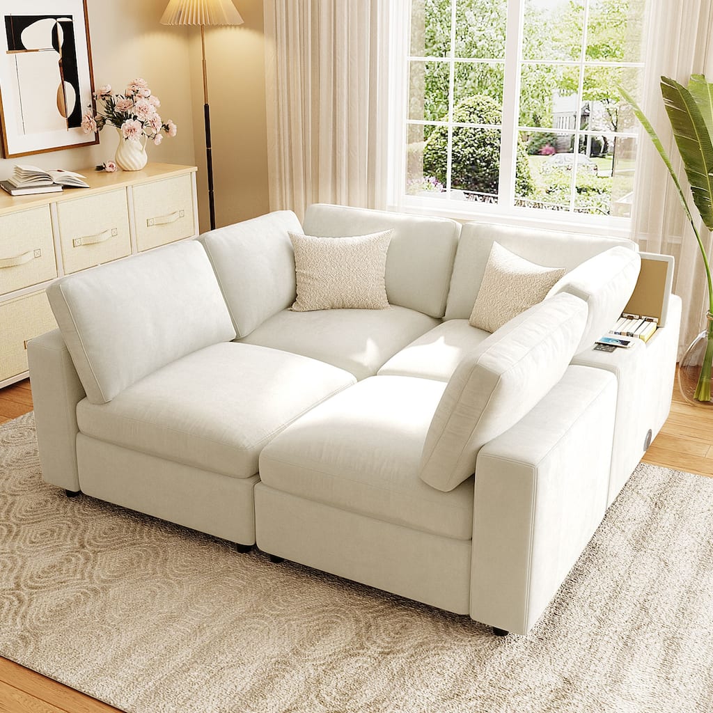 Modular Upholstered Sectional Sofa with Storage Space, USB Charge Ports, Wireless Charging and Built-in Bluetooth Speaker in Arm