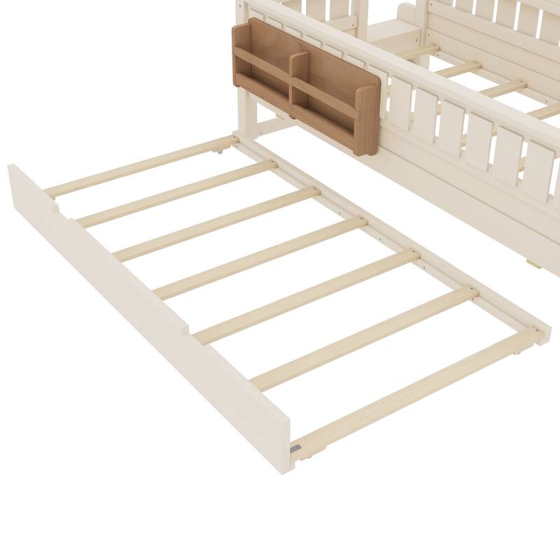 Full/Twin Size Wood Bed with Built-in Bookshelves and Storage Staircase, Safety Rails and Trundle Bed