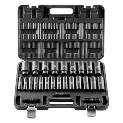 26 PCS 12 Inch Drive Deep Impact Socket Set Metric Cr V Cr Mo Steel Heavy Duty Automotive Tool Kit - 26 PC