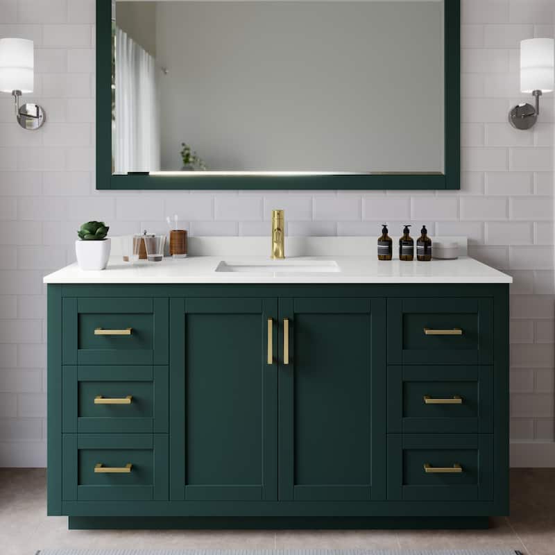 Wyndham Collection WCF292960S-QTZ-UNSMXX Miranda 60" Free Standing - Green / White Quartz Top / Brushed Gold Hardware