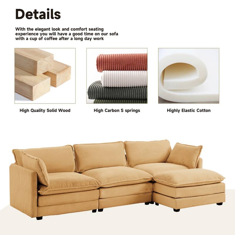 3-Seat Corduroy Modular Sofa with an Independent Removable Ottoman for Living Room or Business