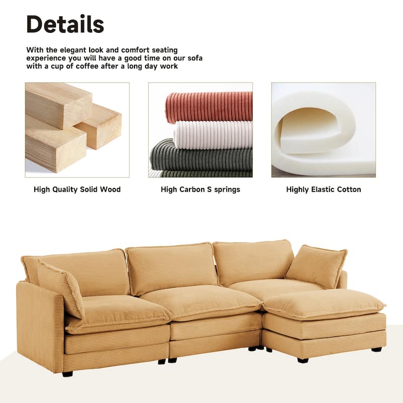 Corduroy Sectional Sofa with Removable Ottomans & Ultra-soft Cushions for Living Room & Bedroom