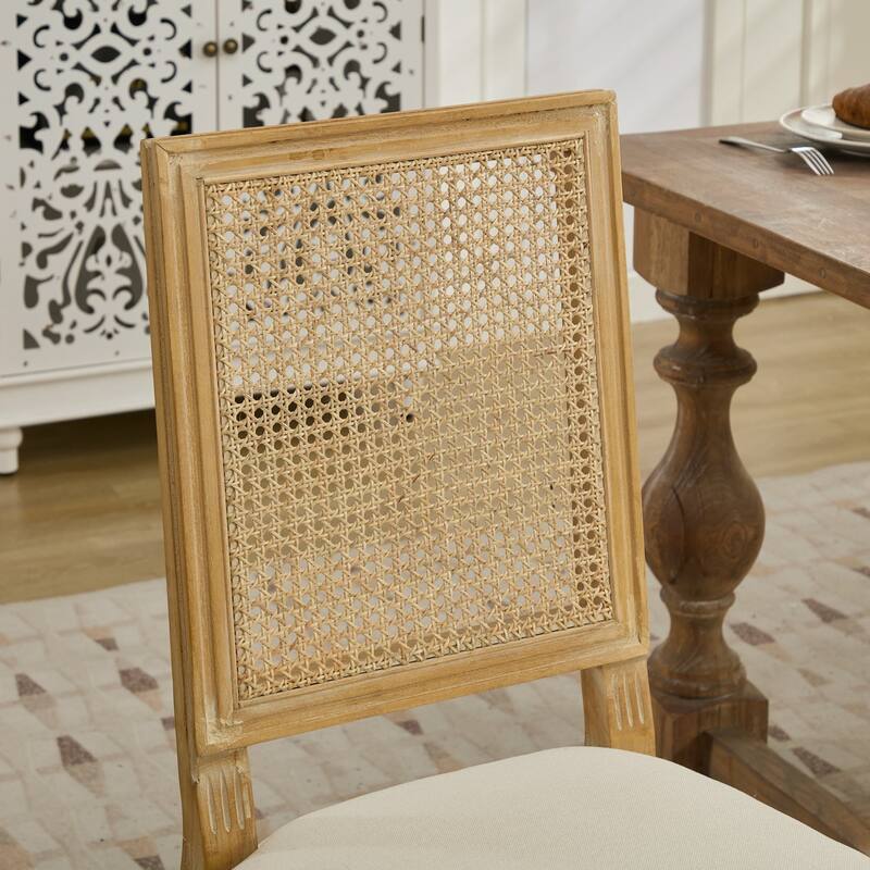French Decor Chairs Set of 2, Louis Dining Chairs with Square Rattan Backrest and Exquisitely Carved Solid Wood Frame, Beige