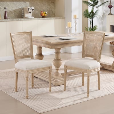Dining Chairs Set of 2, Upholstered Chairs with Nature Rattan T-shaped Back, Wire Drawing and Carving Techniques,Disassemblable