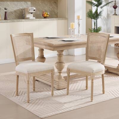 French Country Dining Chairs Set of 2, Upholstered Chairs with Nature Rattan T-shaped Back, Wire drawing and carving techniques
