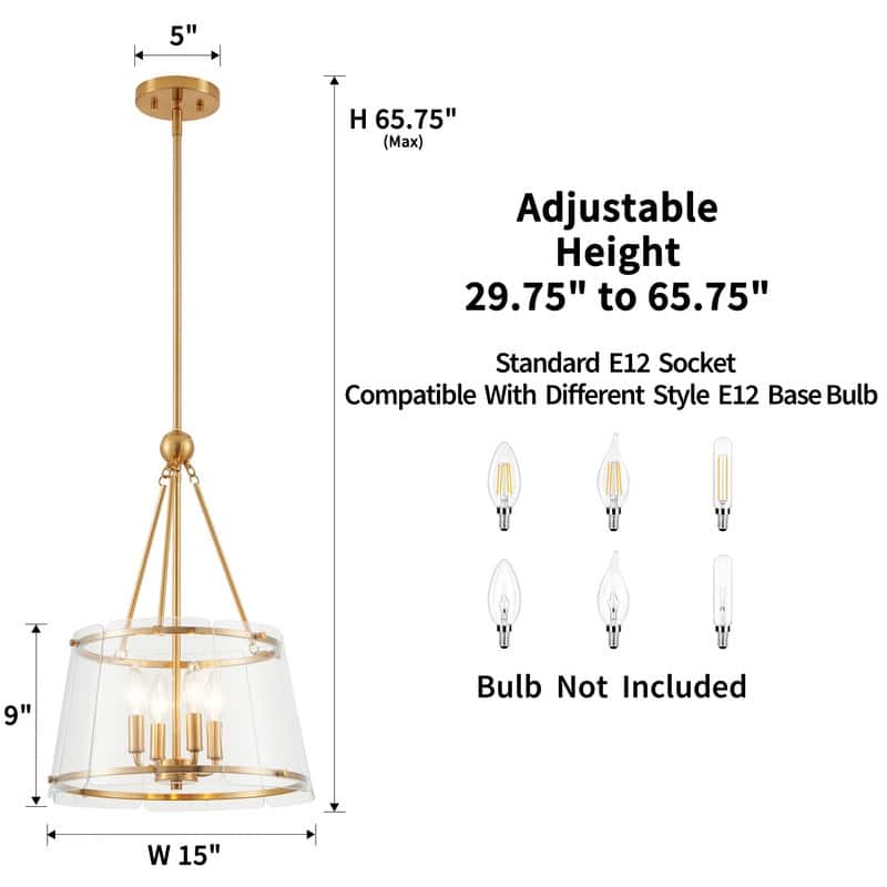 KAWOTI Gold Glam 4-Light Chandelier-Adjustable Height - W15" x H29.75"(Max H65.75")